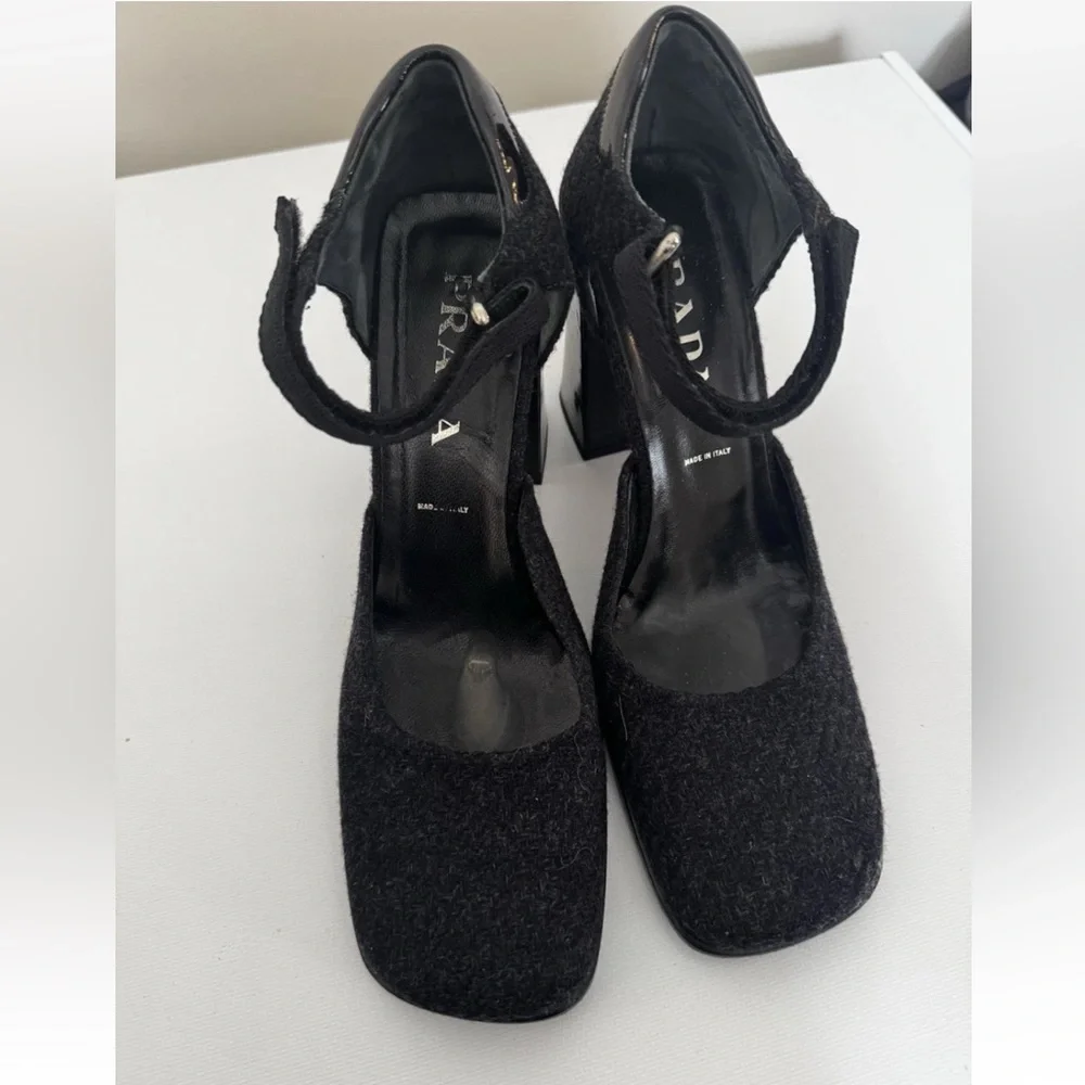 Prada Black Wool Mary Jane Block Heels with Ankle Strap 38 8 - Picture 4 of 10